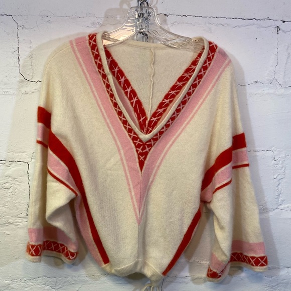 Dinameta Vintage Cashmere V Neck Sweater Drawstring Waist Cream Red Pink Stripe - Picture 1 of 7